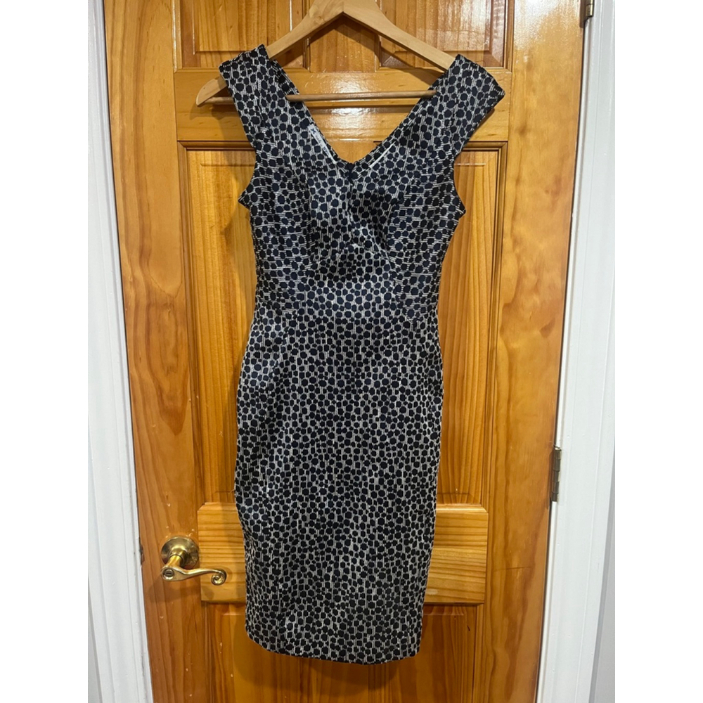 Yoana Baraschi Blue Dress Women’s 2 Sheath Bodycon Geometric Jacquard V-Neck Mad